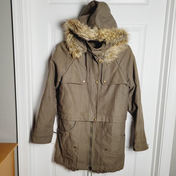Parka Jacket Womens Large Faux Fur Removable Hood Convertible Cropped Canvas - Picture 1 of 14